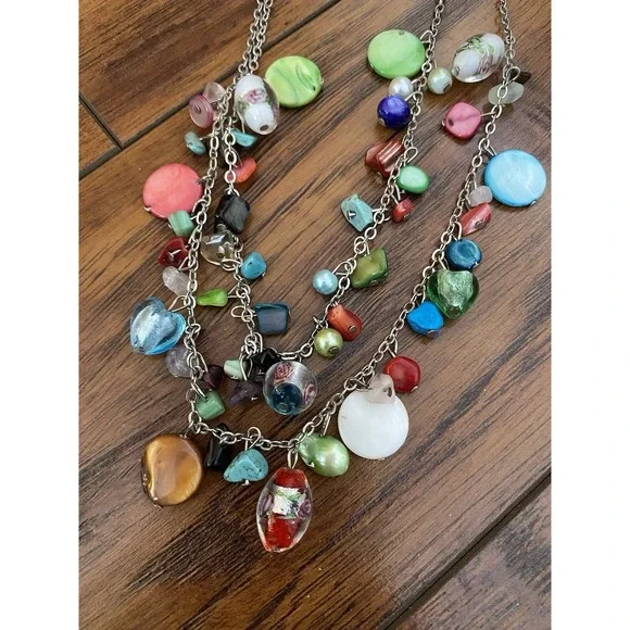 NEW Multi Gemstone Chip Necklace Artisan Handcrafted Multi Strand Boho Natural - Picture 4 of 6